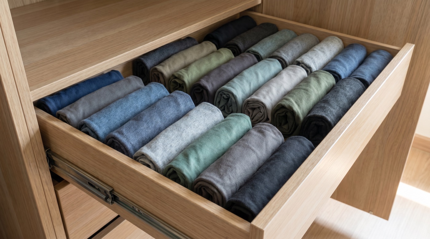 Offene Kommodenschublade mit ordentlich stehend gefalteten T-Shirts im KonMari-Stil