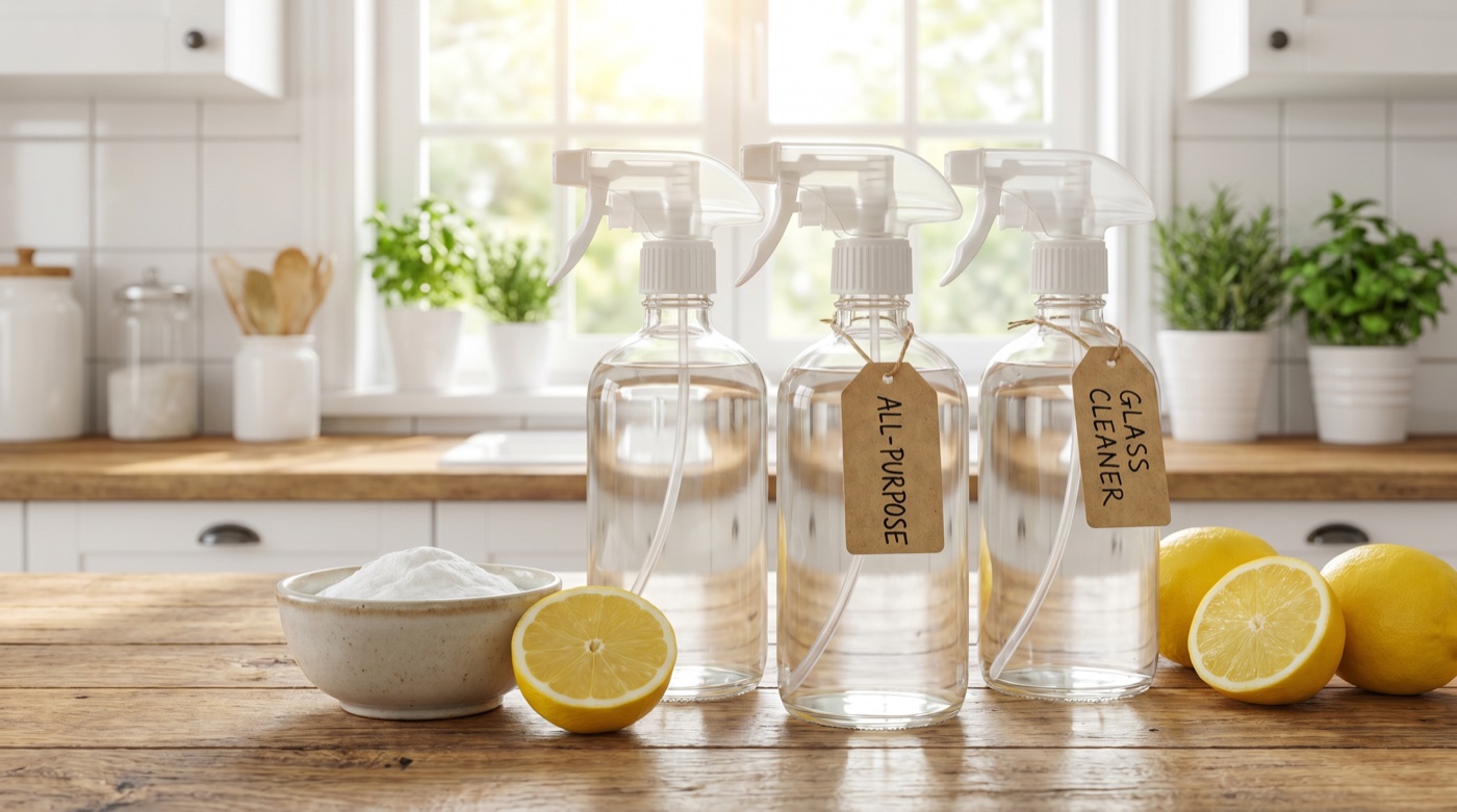 Selbst gemischter Allzweckreiniger in Sprühflasche neben Essig, Natron und Zitronen auf Küchentisch
