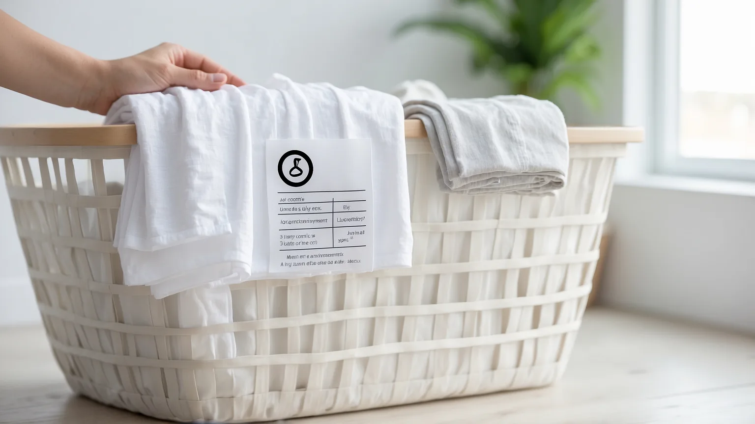 Pflegeetikett mit Waschsymbolen an einem Kleidungsstück